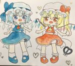  2girls absurdres ascot blonde_hair bloomers blue_eyes blue_hair blue_skirt chibi cirno flandre_scarlet hat highres ice ice_wings mob_cap multiple_girls pppppks red_eyes red_skirt side_ponytail skirt touhou traditional_media underwear white_headwear wings 
