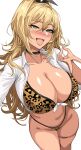  1girl animal_print bikini black_choker blonde_hair blush breasts choker collarbone collared_shirt goddess_of_victory:_nikke green_eyes gyaru hella_p highres kogal korean_commentary large_breasts leopard_print open_mouth rupee_(nikke) shirt simple_background smile solo swimsuit thigh_strap thighs white_background white_shirt 