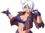  angel_(kof) blue_eyes bra breasts chaps cropped_jacket fanning_self fighting_game fingerless_gloves gloves hair_over_one_eye jacket large_breasts leather leather_jacket nakamanga one_eye_closed short_hair simple_background snk strapless strapless_bra the_king_of_fighters toned underwear white_background white_hair 