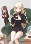  2girls artist_request bangs black_dress blonde_hair blush breasts brown_hair cake cake_slice chair closed_eyes dress eating food g3_(girls&#039;_frontline) girls&#039;_frontline gloves highres holding_utensil ice_cream multiple_girls on_chair sitting thighs wa2000_(girls&#039;_frontline) 