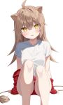  1girl ahoge animal_ears bangs breasts brown_hair buruma feet_out_of_frame gym_shirt gym_uniform hair_between_eyes head_tilt highres indie_virtual_youtuber jacket jacket_pull k_mugura knees_up lion_ears lion_girl lion_tail long_hair looking_at_viewer red_buruma red_jacket rurudo_lion shirt short_sleeves simple_background sitting small_breasts solo tail track_jacket very_long_hair virtual_youtuber white_background white_shirt yellow_eyes 