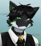  absurd_res anthro bell bell_collar black_body black_fur black_hair clothing collar dragon fur furred_dragon green_eyes green_highlights hair hi_res highlights_(coloring) linreddragon looking_at_viewer male necktie shirt simple_background smile smiling_at_viewer solo topwear vest white_body white_fur 