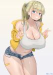  1girl aymusk bandaid bandaid_on_leg bangs blonde_hair blue_eyes blue_shorts blush breasts cleavage collarbone commentary_request covered_nipples curvy denim denim_shorts double_v grey_background grin hair_between_eyes highres jacket large_breasts long_hair navel original short_shorts shorts simple_background smile solo sports_bra standing teeth thighs v white_sports_bra yellow_jacket 