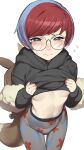  1girl bangs blue_hair blush boots breasts clothes_pull dated eevee glasses grey_eyes grey_hoodie grey_pantyhose half-closed_eyes highres hood hood_down hoodie jacket_pull kuma_(jk0073) looking_at_viewer medium_breasts multicolored_hair pantyhose penny_(pokemon) pokemon pokemon_(game) pokemon_sv print_hoodie print_pantyhose pulled_by_self red_hair round_eyewear short_hair shoulder_strap signature simple_background skirt solo standing stomach stuffed_animal stuffed_toy thigh_gap thighs two-tone_hair underboob undressing upskirt white_background 