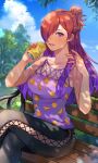  1girl alternate_costume bench breasts can casual collar crossed_legs day fire_emblem fire_emblem:_three_houses fire_emblem_warriors:_three_hopes fruit_pattern hair_bun hair_over_one_eye highres holding holding_can lips long_hair looking_at_viewer medium_breasts orange_hair parted_lips purple_eyes purple_hair purple_tank_top shez_(female)_(fire_emblem) shez_(fire_emblem) sitting smile solo sweat tank_top watermark wawatiku 