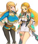  2girls absurdres armor bangs black_pantyhose blonde_hair blue_shirt blush braid breasts cleavage_cutout clothing_cutout commentary_request cosplay costume_switch crossover crown_braid dress drop_earrings earrings gonzarez green_eyes hair_ornament hairclip highres jewelry large_breasts long_hair long_sleeves multiple_girls mythra_(xenoblade) open_mouth pantyhose pointy_ears princess_zelda scratching_cheek shirt short_dress shoulder_armor swept_bangs the_legend_of_zelda the_legend_of_zelda:_breath_of_the_wild thigh_strap tiara white_background white_dress xenoblade_chronicles_(series) xenoblade_chronicles_2 yellow_eyes 