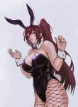  absurdres akira_(yuibnm71) alternate_hairstyle animal_ears black_leotard bow bowtie breasts detached_collar fake_animal_ears fate/grand_order fate_(series) fishnets hair_intakes highres large_breasts leotard long_hair playboy_bunny ponytail purple_hair red_eyes scathach_(fate) strapless strapless_leotard very_long_hair wrist_cuffs 