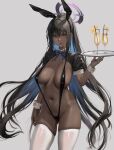  1girl animal_ears arm_at_side ass_visible_through_thighs bangs bare_shoulders black_hair black_one-piece_swimsuit blue_archive blue_bow blue_bowtie border bow bowtie breasts breasts_apart closed_mouth cup dark-skinned_female dark_skin detached_collar drinking_straw fake_animal_ears hair_between_eyes hand_up highres holding holding_tray jeneral karin_(blue_archive) karin_(bunny)_(blue_archive) large_breasts long_hair looking_at_viewer mixed-language_commentary navel number_tattoo official_alternate_costume one-piece_swimsuit outside_border pantyhose ponytail rabbit_ears shoulder_tattoo shrug_(clothing) simple_background slingshot_swimsuit solo stomach swimsuit tattoo thighhighs tray white_background white_thighhighs white_wrist_cuffs yellow_eyes 
