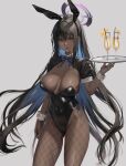  1girl animal_ears arm_at_side ass_visible_through_thighs bangs bare_shoulders black_hair black_leotard blue_archive blue_bow blue_bowtie border bow bowtie breasts breasts_apart closed_mouth covered_navel cup dark-skinned_female dark_skin detached_collar drinking_straw fake_animal_ears fishnet_pantyhose fishnets hair_between_eyes hand_up highleg highleg_leotard highres holding holding_tray jeneral karin_(blue_archive) karin_(bunny)_(blue_archive) large_breasts leotard long_hair looking_at_viewer mixed-language_commentary number_tattoo official_alternate_costume outside_border pantyhose ponytail rabbit_ears shoulder_tattoo simple_background solo strapless strapless_leotard tattoo tray white_background white_wrist_cuffs yellow_eyes 