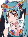  1girl aqua_hair bangs blue_eyes bright_pupils hatsune_miku headphones highres index_finger_raised long_hair long_sleeves looking_at_viewer machigami_yoh multicolored_eyes red_eyes shadow simple_background smile solo twintails vocaloid white_background white_pupils yellow_eyes 