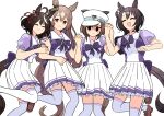  4girls ^_^ absurdres ahoge animal_ears black_hair bocchi_the_rock! bow bowtie braid breasts brown_eyes brown_footwear brown_hair cheval_grand_(umamusume) closed_eyes ear_ornament empty_eyes facing_viewer feet_out_of_frame french_braid frilled_skirt frills gloom_(expression) hair_ornament hair_ribbon hairband half_updo hat highres horse_ears horse_girl horse_tail horseshoe_ornament kitasan_black_(umamusume) large_breasts leg_up loafers long_hair looking_at_viewer multicolored_hair multiple_girls open_mouth parody peaked_cap petoka pleated_skirt puffy_short_sleeves puffy_sleeves purple_bow purple_bowtie purple_shirt red_ribbon ribbon sailor_collar sailor_shirt satono_crown_(umamusume) satono_diamond_(umamusume) school_uniform serafuku shirt shoes short_hair short_sleeves simple_background skirt smile streaked_hair summer_uniform tail thighhighs tracen_school_uniform umamusume white_background white_hair white_hairband white_headwear white_skirt white_thighhighs 
