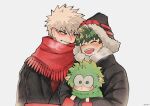  2boys animal animalization bakugou_katsuki black_coat black_headwear blonde_hair blush boku_no_hero_academia breath closed_eyes clothed_animal coat commentary_request freckles fur-trimmed_coat fur-trimmed_headwear fur_trim gaagyeo green_eyes green_hair hat highres holding holding_animal korean_commentary male_focus midoriya_izuku multiple_boys open_mouth red_eyes red_scarf scarf sheep short_hair simple_background smile spiked_hair upper_body white_background winter_clothes 