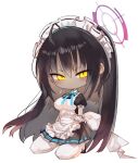  1girl apron black_hair blue_archive blue_bow blue_bowtie blush bow bowtie chibi closed_mouth commentary_request dark-skinned_female dark_skin frilled_apron frills gloves halo karin_(blue_archive) kneeling kotatu_(akaki01aoki00) long_hair looking_at_viewer maid_headdress pantyhose puffy_short_sleeves puffy_sleeves short_sleeves simple_background solo white_apron white_background white_gloves white_pantyhose yellow_eyes 