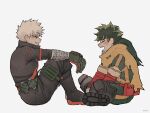  2boys bakugou_katsuki belt blonde_hair blush boku_no_hero_academia cape closed_eyes freckles full_body gaagyeo gloves green_gloves green_hair highres indian_style knees_up looking_at_another male_focus midoriya_izuku multiple_boys open_mouth red_eyes short_hair simple_background sitting smile spiked_hair white_background yellow_cape 