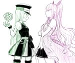  2girls alina_gray ami_ria bangs bow chain crossed_arms cube elbow_gloves eye_contact from_side fur-trimmed_thighhighs furrowed_brow gloves hat ken_(koala) long_hair looking_at_another magia_record:_mahou_shoujo_madoka_magica_gaiden magical_girl mahou_shoujo_madoka_magica multiple_girls open_mouth peaked_cap pleated_skirt profile puffy_short_sleeves puffy_sleeves short_sleeves skirt smile standing straight_hair very_long_hair vest waist_bow 
