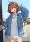  1boy 1girl ;d ahoge arm_up bag bangs blue_jacket blue_sky blurry blurry_foreground blush brown_hair commentary_request day denim denim_jacket depth_of_field green_eyes hair_between_eyes hairband haru_(kuzuyu) head_tilt highres holding holding_bag jacket komori_kuzuyu long_sleeves looking_at_viewer one_eye_closed open_clothes open_door open_jacket original plaid plastic_bag puffy_long_sleeves puffy_sleeves railing shirt sky sleeves_past_wrists smile solo_focus white_hairband white_shirt 