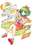  1girl bangs black_choker blush bow choker dot_nose green_eyes gumi hairband heart highres holding holding_phone machigami_yoh phone red_footwear red_hairband red_skirt shoes short_hair simple_background sitting skirt smile socks solo vocaloid white_background white_bow white_socks 