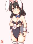  1girl alternate_costume animal_ears black_hair black_leotard blush bow bowtie breasts covered_navel detached_collar fake_animal_ears fake_tail grey_eyes hair_ornament hairclip kanon_(kurogane_knights) kantai_collection leotard medium_breasts medium_hair one-hour_drawing_challenge oyashio_(kancolle) playboy_bunny rabbit_ears solo strapless strapless_leotard tail thighhighs traditional_bowtie tray white_thighhighs wrist_cuffs 
