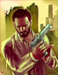  1boy absurdres beard blood blood_on_clothes brown_eyes brown_facial_hair brown_hair building buttons chromatic_aberration city collared_shirt commentary desert_eagle dress_shirt english_commentary facial_hair forehead gun handgun highres holding holding_gun holding_weapon jacket long_sleeves looking_to_the_side male_focus mature_male max_payne max_payne_(series) mustache open_clothes open_collar open_jacket partially_unbuttoned scanlines scar scar_on_face scar_on_forehead serious shirt short_hair signature solo suit_jacket superhermit unbuttoned upper_body very_short_hair weapon white_jacket white_shirt yellow_background 