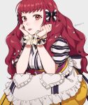  1girl bow dress fire_emblem fire_emblem_engage frilled_dress frilled_wristband frills hair_ornament hair_ribbon head_on_hand heart highres long_hair looking_at_viewer peach11_01 red_eyes red_hair ribbon sitting solo star_(symbol) star_hair_ornament striped striped_bow tongue tongue_out waist_bow wavy_hair white_ribbon yellow_dress yunaka_(fire_emblem) 