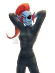 2022 abs animal_humanoid blue_body blue_skin breasts clothing ear_fins ear_frill eye_patch eyewear female fin fish fish_humanoid frill_(anatomy) hair hi_res humanoid marine marine_humanoid micchan_sense muscular muscular_female muscular_humanoid red_hair simple_background solo tight_clothing undertale_(series) undyne white_background 