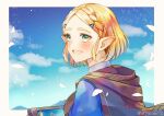  1girl armor aryuma772 blonde_hair blue_sky blue_tunic blush braid brown_cape brown_cloak cape cloak crown_braid falling_petals green_eyes hair_ornament hairclip highres hood hooded_cape hooded_cloak leather_armor looking_at_viewer looking_back petals pointy_ears princess_zelda sheikah_slate short_hair sidelocks sky smile solo the_legend_of_zelda the_legend_of_zelda:_tears_of_the_kingdom turning_head twitter_username 