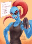  2022 animal_humanoid blue_body blue_skin bodily_fluids clothing dialogue ear_fins ear_frill exercise female fin fish fish_humanoid frill_(anatomy) hair hi_res humanoid japanese_text marine marine_humanoid micchan_sense muscular muscular_female muscular_humanoid red_hair shirt solo sweat tank_top text topwear translated undertale_(series) undyne weightlifting workout 