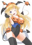  1girl absurdres alternate_costume black_gloves black_leotard black_thighhighs blonde_hair breasts covered_navel demon_girl demon_tail double_bun fangs fletcher_(kancolle) gloves hair_bun halloween hat head_wings highres kantai_collection large_breasts leotard long_hair looking_at_viewer one_eye_closed playboy_bunny pumpkin_print purple_eyes simple_background solo tail taisinkoku thighhighs white_background 