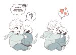  2boys 5mll3 ? animal_hood bakugou_katsuki blush boku_no_hero_academia child closed_eyes closed_mouth commentary dynamy_(boku_no_hero_academia) english_commentary english_text freckles full_body heart hood hood_down hoodie if_they_mated long_sleeves looking_at_another male_child male_focus midoriya_izuku multiple_boys open_mouth pants short_hair simple_background sitting smile spiked_hair spoken_heart spoken_question_mark white_background 