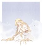  androgynous blonde_hair braid closed_eyes donar0217 dress elden_ring kneeling long_hair miquella_(elden_ring) multiple_braids otoko_no_ko own_hands_together praying simple_background very_long_hair white_dress wolf wreath 