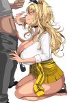  1girl animal_print black_choker blonde_hair blush breasts censored choker cleavage collared_shirt fellatio from_side goddess_of_victory:_nikke green_eyes gyaru hair_intakes hella_p highres kneeling kogal korean_commentary large_breasts leopard_print long_hair long_sleeves looking_at_another looking_up male_pubic_hair mosaic_censoring oral penis pubic_hair rupee_(nikke) shirt simple_background skirt solo_focus thighs white_background white_shirt yellow_skirt 