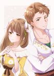  1boy 1girl boucheron_(fire_emblem) breasts brown_hair crossed_arms dress fire_emblem fire_emblem_engage goldmary_(fire_emblem) green_eyes grey_background hair_ribbon highres large_breasts long_hair own_hands_together ribbon shirt steepled_fingers white_ribbon white_shirt yellow_dress yutohiroya 