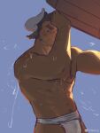  1boy abs arm_hair bara borrowed_character bulge carrying cow_horns cowboy_shot da_tan_lu_(goo) gou_mangwu highres horns loincloth long_sideburns male_focus mature_male muscular muscular_male navel navel_hair nipples no_pupils original pectorals scar scar_on_face short_hair sideburns solo stomach thick_eyebrows topless_male underwear underwear_only wet 