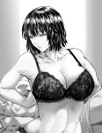  1girl arms_behind_back bangs bare_shoulders bra breasts cleavage collarbone daraz fubuki_(one-punch_man) greyscale highres large_breasts looking_back monochrome navel one-punch_man panties parted_lips short_hair solo tagme underwear 