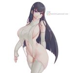  1girl absurdres black_hair blue_eyes breasts cable_knit closed_mouth detached_sleeves highleg highleg_panties highres kill_la_kill kiryuuin_satsuki large_breasts long_hair looking_at_viewer melowh meme_attire navel panties patreon_username ribbed_legwear ribbed_sleeves ribbed_sweater ribbed_thighhighs side-tie_panties sideboob simple_background solo standing string_panties sweater thighhighs thighs thong underwear virgin_destroyer_sweater white_background white_panties white_sleeves white_sweater white_thighhighs 