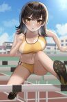  1girl absurdres bangs blush borrowed_character breasts brown_hair buruma collarbone hair_between_eyes highres hisui_(user_zvkr2432) medium_breasts medium_hair mole mole_on_breast navel open_mouth original outdoors shoes sneakers solo sports_bra sweat track_and_field track_uniform tsubasa_(kureha) two-tone_sports_bra yellow_buruma yellow_eyes yellow_sports_bra 