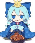  1girl absurdres blue_bow blue_eyes blue_hair blue_kimono bow cirno detached_wings fairy folding_fan food food_on_clothes food_on_face hair_bow hand_fan highres ice ice_wings japanese_clothes kame_(kamepan44231) kimono long_sleeves pasta short_hair solo touhou wide_sleeves wings 