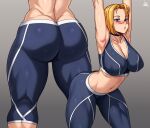  1girl ass ass_focus blonde_hair blue_eyes breasts cameltoe cammy_white covered_nipples dimples_of_venus from_behind highres jmg large_breasts leaning leaning_forward looking_at_viewer open_mouth paid_reward_available pants short_hair solo spandex sports_bra street_fighter street_fighter_6 