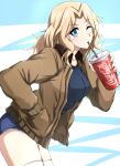  1girl blonde_hair blue_eyes blue_shirt brown_jacket coca-cola cup denim denim_shorts disposable_cup drinking girls_und_panzer hand_in_pocket highres jacket kay_(girls_und_panzer) leaning_forward long_sleeves looking_at_viewer omachi_(slabco) one_eye_closed product_placement shirt shorts solo 