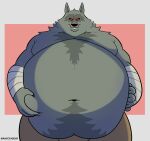  2023 anthro belly big_belly black_nose black_sclera canid canine canis claws clothed clothing death_(puss_in_boots) digital_media_(artwork) dreamworks fur grey_body grey_fur hi_res male mammal mindof navel obese obese_anthro obese_male overweight overweight_anthro overweight_male puss_in_boots_(film) puss_in_boots_the_last_wish red_eyes signature smile topless wolf wraps 