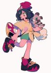  1girl :o absurdres bag bangs beanie black_hair boots commentary_request floral_print green_shorts hat highres holding holding_pokemon leg_up looking_back ok_ko19 open_mouth pokemon pokemon_(creature) pokemon_(game) pokemon_sm rockruff selene_(pokemon) shirt short_shorts short_sleeves shorts shoulder_bag simple_background standing standing_on_one_leg t-shirt teeth tied_shirt tongue upper_teeth_only white_background yellow_shirt 