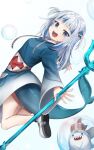  1girl :d animal_hood bloop_(gawr_gura) blue_eyes blue_hair fins fish_tail from_behind from_side gakuon_(gakuto) gawr_gura grey_hair hair_ornament holding holding_weapon hololive hololive_english hood jumping lifted_by_tail light_blush long_hair long_sleeves looking_at_viewer multicolored_hair no_pants open_mouth polearm shark_girl shark_hair_ornament shark_hood shark_tail sharp_teeth sleeves_past_wrists smile solo streaked_hair tail teeth trident two_side_up virtual_youtuber weapon wide_sleeves 