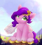  crown digital_media_(artwork) equid equine eyelashes feathered_wings feathers female feral fetlocks fur green_eyes hair hasbro headgear hi_res hooves leg_tuft mammal mlp_g5 my_little_pony pegasus pink_body pink_feathers pink_fur pipp_petals_(mlp) purple_hair purple_tail rivin177 sitting smile solo tail tuft wings 