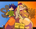  anthro big_butt blonde_hair blue_hair bottomless butt butt_focus canid canine canis carmelita_fox clothed clothing convenient_censorship crossed_arms domestic_dog duo feces female fox fur gloves hair handwear hi_res lipstick makeup mammal one_eye_closed orange_body orange_fur pilot_saluki_(cuphead) pooping red_lipstick rushgob scat shirt sign simple_background sly_cooper_(series) sony_corporation sony_interactive_entertainment sucker_punch_productions thick_thighs topwear yellow_body yellow_fur 