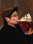  1boy alcohol beer beer_glass black-framed_eyewear brown_background brown_hair brown_headwear danlamdae drinking from_side highres long_sleeves photo-referenced photorealistic real_life realistic short_hair simple_background very_short_hair zun 