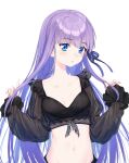  1girl bangs blue_eyes blush breasts coffeekite collarbone fate/extra fate/extra_ccc fate/grand_order fate_(series) hair_ribbon highres long_hair long_sleeves looking_at_viewer meltryllis_(fate) midriff navel purple_hair ribbon sleeves_past_fingers sleeves_past_wrists small_breasts solo very_long_hair white_background 