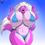  :d anthro big_breasts bikini blue_background blue_bikini blue_clothing blue_eyes blue_swimwear boing bouncing_breasts breasts chrisandcompany clothing digital_drawing_(artwork) digital_media_(artwork) facial_markings female forehead_markings fur gradient_background hair head_markings hi_res huge_breasts legs_together lucy_skye_diamond mammal markings mephitid navel onomatopoeia pink_body pink_fur pink_nose side-tie_bikini simple_background skunk smile solo sound_effects string_bikini swimwear tail text thick_thighs watermark white_hair wide_hips 