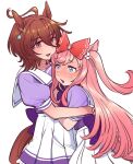  2girls agnes_digital_(umamusume) agnes_tachyon_(umamusume) animal_ears back_bow blue_eyes blush bow brown_hair commentary_request earrings hair_bow highres horse_ears horse_girl horse_tail hug jewelry long_hair matching_outfit multiple_girls pink_hair pleated_skirt puffy_short_sleeves puffy_sleeves purple_shirt purple_skirt red_bow red_eyes sailor_collar school_uniform shirt short_sleeves single_earring skirt sweatdrop tail tracen_school_uniform twintails umamusume yokuko_zaza 