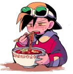  1boy backwards_hat bangs baseball_cap black_shirt bowl character_print chopsticks commentary_request eating ethan_(pokemon) food goggles goggles_on_headwear hair_between_eyes hat holding holding_bowl holding_chopsticks jacket long_sleeves looking_down male_focus noodles ok_ko19 open_mouth pokemon pokemon_adventures ramen shirt solo soup spicy sweat teeth tongue unown upper_teeth_only white_background 