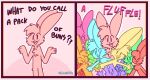  absurd_res ambiguous_gender anthro buckteeth cheek_tuft chest_tuft dialogue english_text facial_tuft group hi_res humor lagomorph leporid mammal open_mouth open_smile pink_background rabbit simple_background smile teeth text the_xing1 tuft two_panel_image wide_eyed 